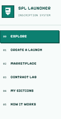 A navigation menu for 'SPL Launcher' inscription system shows options including Explore, Create a Launcher, Marketplace, Contract Lab, My Editions, and How It Works.