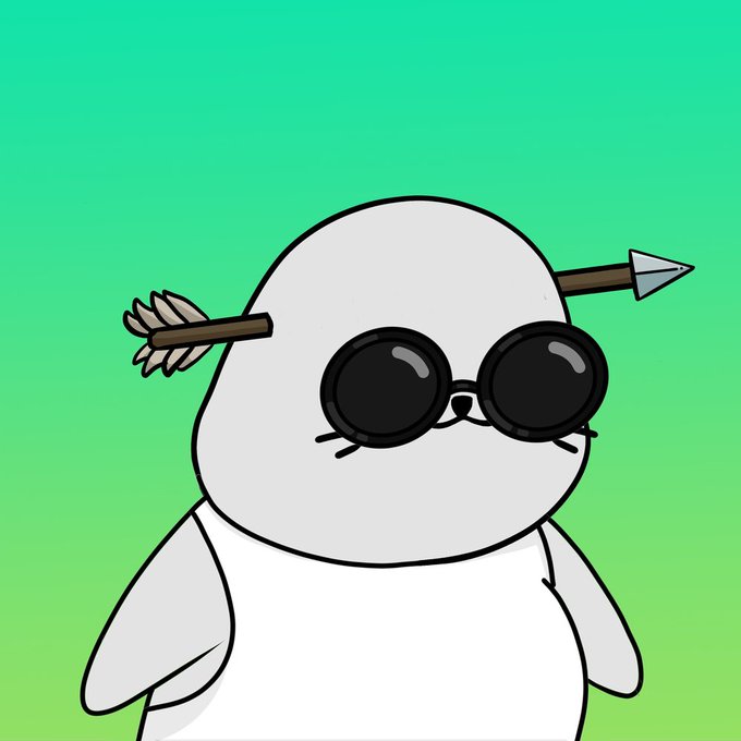 Cute cartoon illustration of a round white seal-like creature wearing large round black sunglasses with an arrow shot through its head, against a green gradient background.