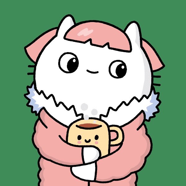 Cute cartoon illustration of a white cat-like character in a pink hooded outfit holding a smiling coffee mug against a green background.