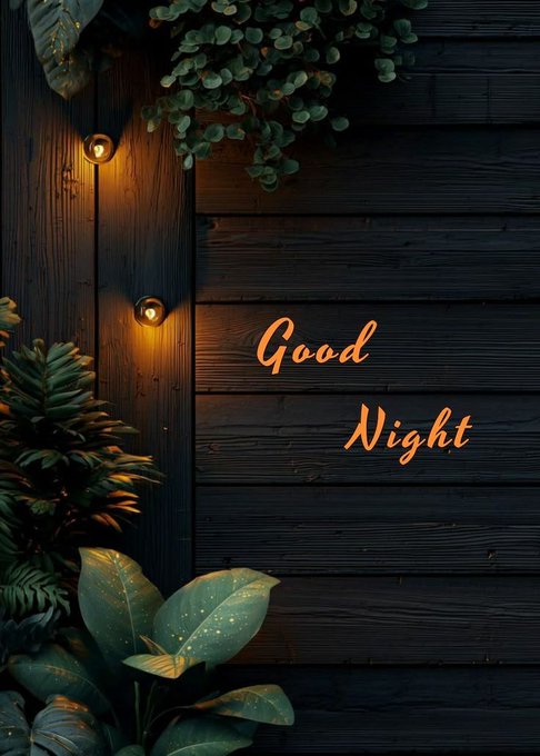 A dark wooden wall decorated with hanging green plants and small string lights, featuring the text 'Good Night' in orange cursive script.