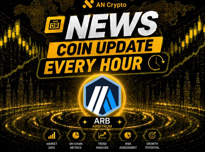 A promotional graphic for 'AN Crypto NEWS' offering 'COIN UPDATE EVERY HOUR,' highlighting ARB (Arbitrum) with categories for Market Data, On-Chain Metrics, Trend Analysis, Risk Assessment, and Growth Potential.