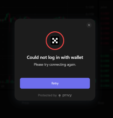 An error message popup displaying 'Could not log in with wallet. Please try connecting again.' with a Retry button, protected by Privy.