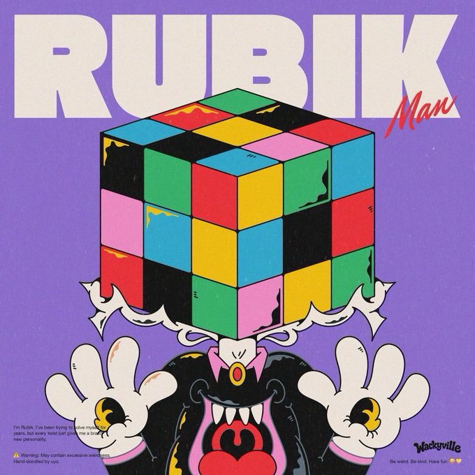A poster for 'Rubik Max' featuring a colorful Rubik's cube held above a cartoon monster character with white gloves, branded by WackyVille.