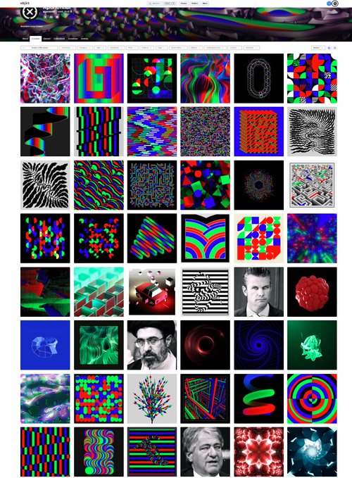 A screenshot of a visual search engine or image gallery webpage displaying a grid of colorful abstract patterns, optical illusions, and geometric designs with the URL bar showing a homepage navigation.