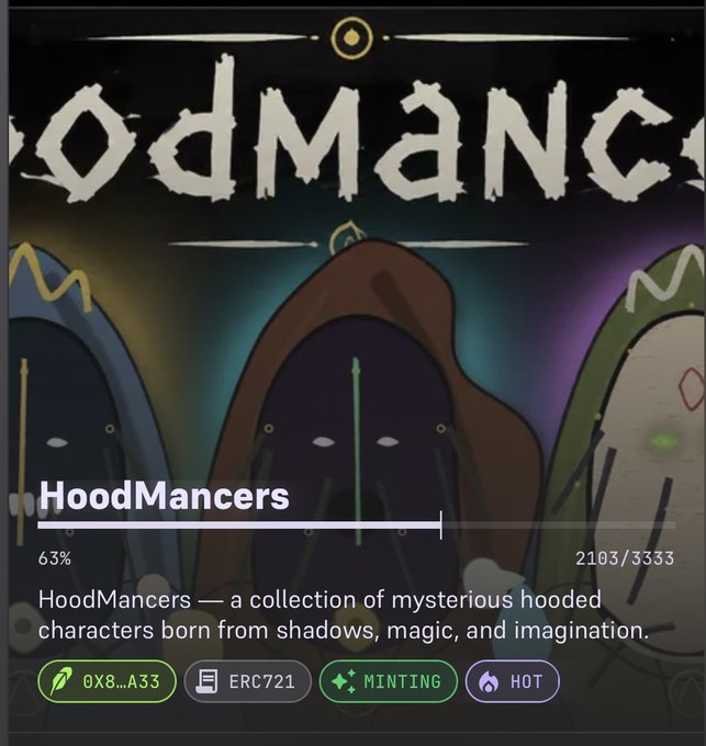 NFT collection listing for 'HoodMancers' showing 63% minted (2103/3333), described as 'a collection of mysterious hooded characters born from shadows, magic, and imagination,' with ERC721, Minting, and Hot tags.