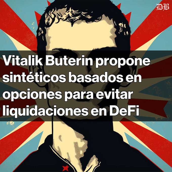 The image features a poster with a man's face, which appears to be a cartoon or comic strip style drawing of a person wearing sunglasses. The poster has a red background with white stars, giving it an artistic and eye-catching appearance. Below the drawing is text that reads "Vitalik Buterin revoluciona DeFi Propone un nuevo modelo para activos sintéticos y stablecoins algorítmicas". The poster also includes a quote from the post, which says "El diseño elimina liquidaciones forzadas, reemplazándolas por opciones sintéticos y stablecoins algorítmeticas para mayor seguridad".
