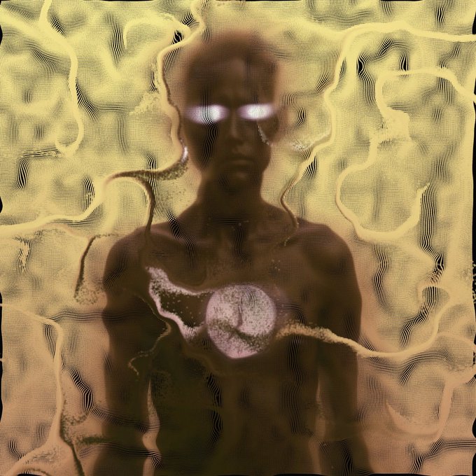 An abstract, surreal digital artwork depicting a shadowy humanoid figure with glowing white eyes and a luminous sphere in its chest, surrounded by wavy, golden-yellow patterns.