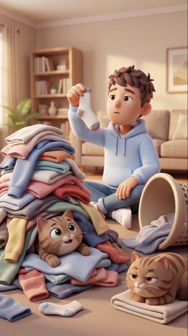 A 3D animated illustration of a young man in a blue hoodie sitting on the floor holding a sock, surrounded by a large pile of colorful clothes, with two cats sitting nearby on blankets.