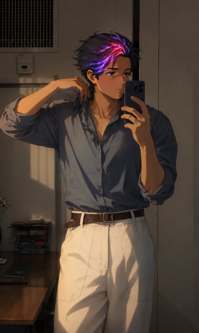 An anime-style illustration of a young man with striking purple and pink streaked hair taking a mirror selfie with a smartphone, wearing a dark grey shirt and white pants in a dimly lit room.