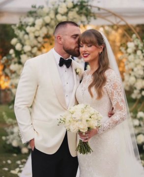 A bride in a lace gown holding a white rose bouquet stands beside a groom in a cream tuxedo as he kisses her temple. The post's criticism of people dismissing lesser-known tokens contrasts with this image of devoted commitment—suggesting that dismissing anything unconventional, whether a "shitcoin" or unconventional romance, means missing out on something beautiful.
