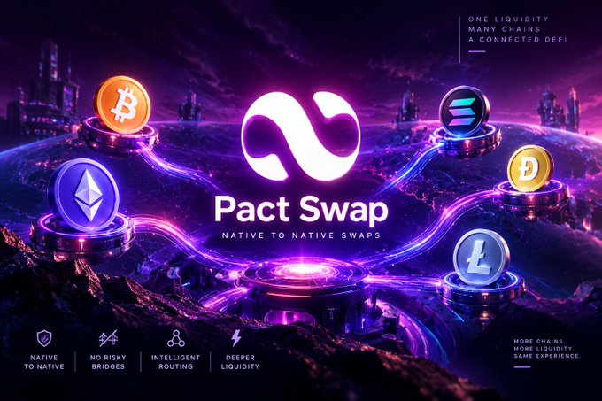 Promotional graphic for 'Pact Swap' featuring various cryptocurrency tokens (Bitcoin, Ethereum, Dogecoin, Litecoin, Solana) with the tagline 'ONE LIQUIDITY MANY CHAINS A CONNECTED DEFI' and 'NATIVE TO NATIVE SWAPS'.