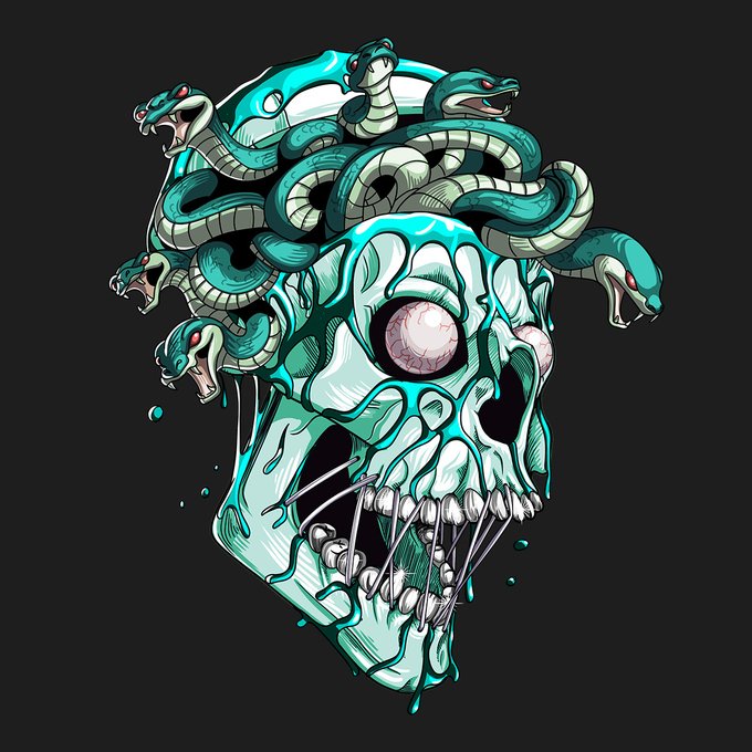 A digital artwork of a teal-colored skull with snakes emerging from where hair would be, featuring a single large eyeball in the forehead cavity.