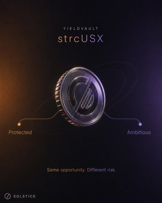 A promotional graphic for Solstice's YieldVault strcUSX features a metallic coin centered against a dark background with a spectrum running from orange "Protected" on the left to purple "Ambitious" on the right, accompanied by the tagline "Same opportunity. Different risk."

The visual reinforces the post's message by illustrating that strcUSX offers investors a choice along a risk spectrum—prioritizing capital preservation or pursuing higher yields—rather than simply chasing the highest returns, aligning with the writer's emphasis on understanding the risk behind the yield.