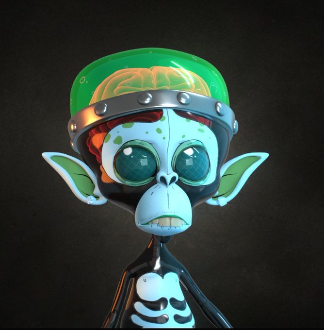 A 3D-rendered cartoon character resembling a chimp wearing a green transparent dome helmet with a visible brain inside, set against a dark background.