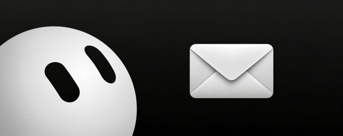 A close-up of a 3D-rendered white smiling face icon next to a white envelope/mail icon against a black background.