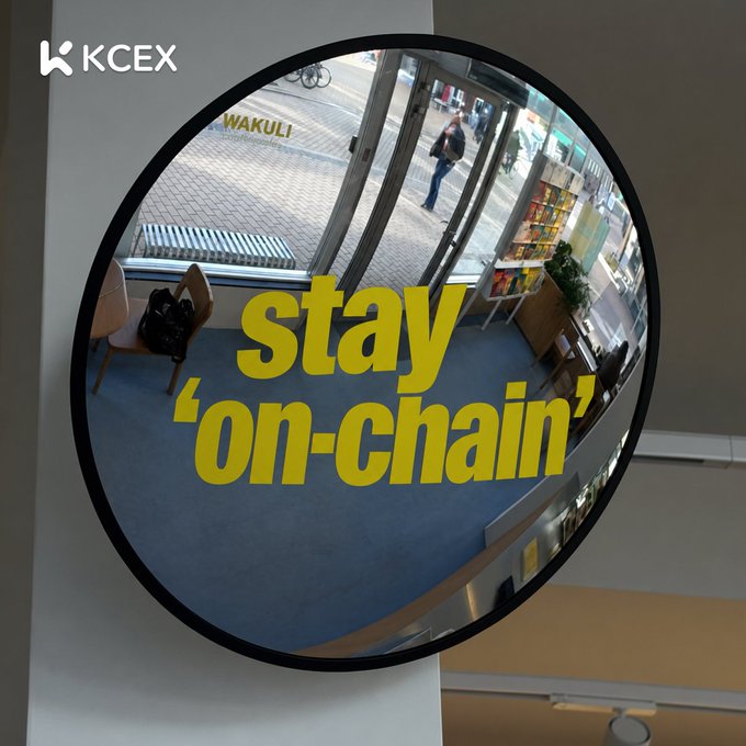 An advertisement for KCEX featuring a convex mirror reflection of a storefront, with the text 'stay 'on-chain'' in yellow.