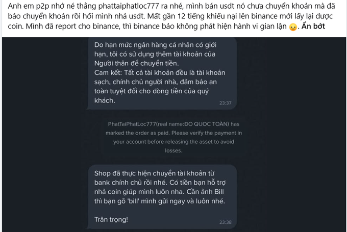 A Vietnamese-language complaint about a P2P transaction involving user 'phattaiphatloc777', showing messages from a seller claiming an account is clean and the transfer is complete.