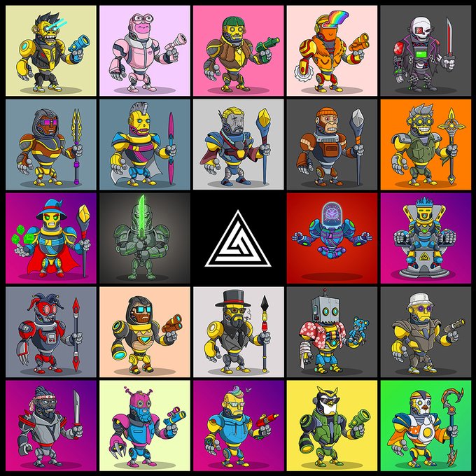 A grid showcasing 24 cartoon-style robot/cyborg character designs with various weapons and outfits, with a black square in the center displaying a white triangular symbol.