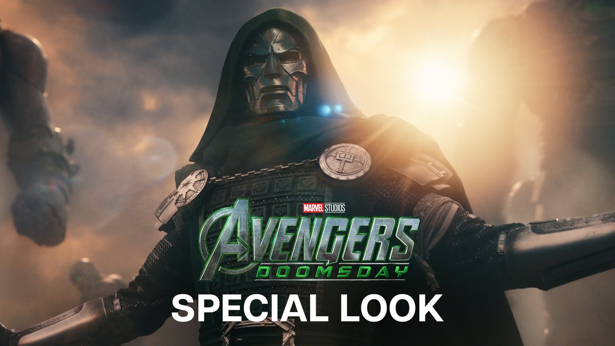 The image is a promotional still for the Marvel Studios film "Avengers: Doomsday," showing a menacing masked villain—Doctor Doom—in a hooded, armored suit with arms outstretched against a dramatic, smoky backdrop. The text "SPECIAL LOOK" appears below the movie's title, reinforcing the "Doooooooooom" caption by highlighting the character's ominous, doomsday-esque presence.