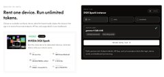 Promotional banner stating 'Rent one device. Run unlimited tokens' featuring an NVIDIA DGX Spark image, alongside a DCE Spark Instances interface for renting AI compute at $2.00 per hour.