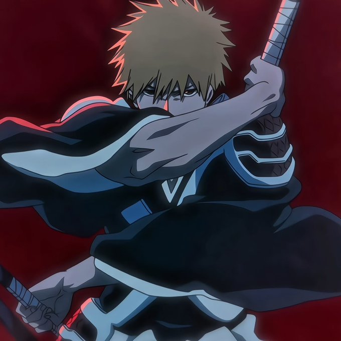 Anime artwork of a spiky-haired character wielding a sword in a dynamic pose, rendered in a dark blue color palette against a red background.