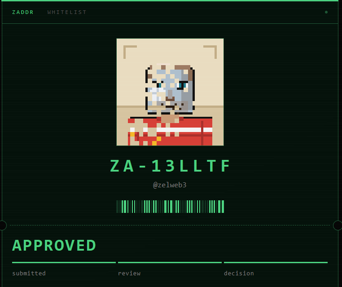 A digital interface titled 'ZADDR WHITELIST' displays a pixel art character, the alphanumeric code 'ZA-13LLTF', and the status 'APPROVED'.