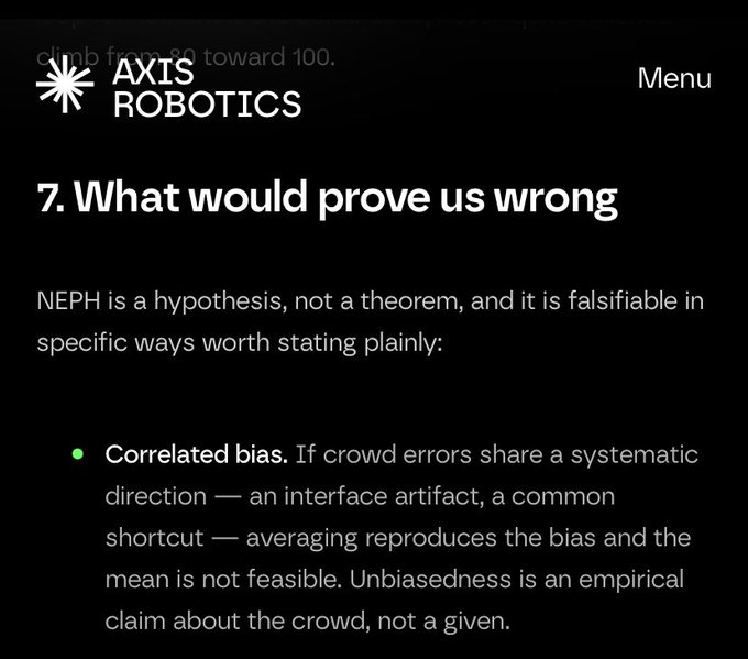 Screenshot from Axis Robotics discussing falsifiability, with the heading '7. What would prove us wrong' and a bullet point explaining 'Correlated bias' in crowd errors.