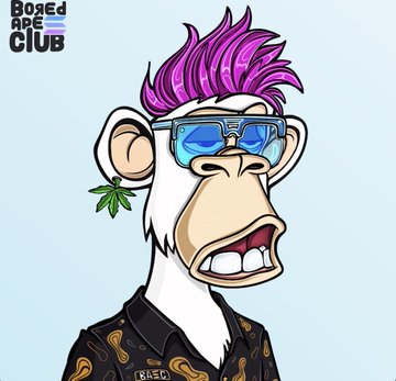 Cartoon NFT image of a 'Bored Ape' character with purple spiky hair, blue sunglasses, a marijuana leaf earring, and a gold chain, branded 'Bored Ape Club'.