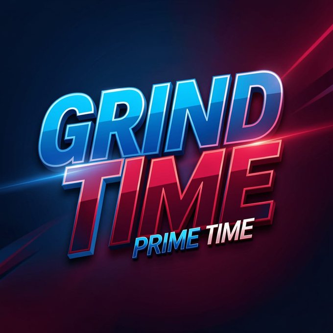 A logo graphic for "GRIND TIME PRIME TIME" displayed in stylized blue and red metallic text against a dark background.