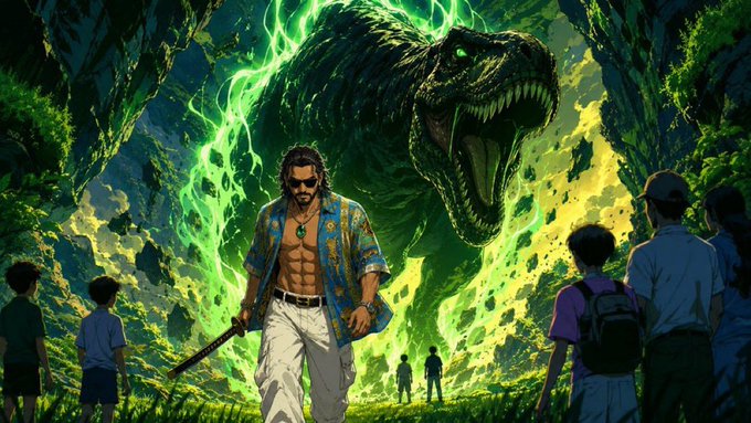Anime-style illustration of a shirtless man holding a sword standing in front of a giant green glowing T-Rex, with several onlookers watching from the sides.