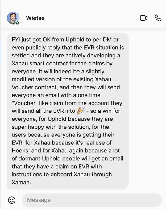 A Telegram message from Wietse announces that Uphold is developing a Xahau smart contract to settle EVR claims, with users receiving one-time voucher-style claim emails to onboard via Xaman.