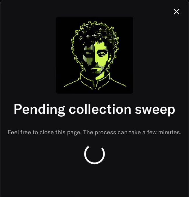 A dark loading screen displaying a pixelated green portrait of a man with curly hair, with the text 'Pending collection sweep' and 'Feel free to close this page. The process can take a few minutes.' above a loading spinner.