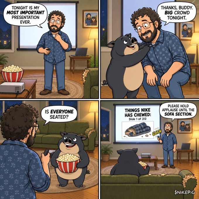 A four-panel comic by Nikepig showing a bearded man giving a presentation on a projector, with his dog stealing the show by holding popcorn and chewing the man's slipper, captioned 'THINGS NIKE HAS CHEWED: Slide 1 of 312'.