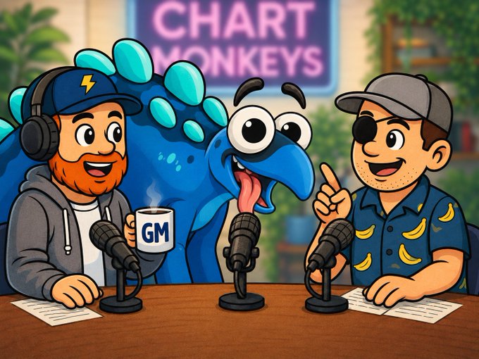 A cartoon illustration of a podcast or show called 'CHART MONKEYS', featuring a bearded man with headphones, a blue spiky character, and a man in a banana-patterned shirt and an eyepatch, all sitting behind microphones.