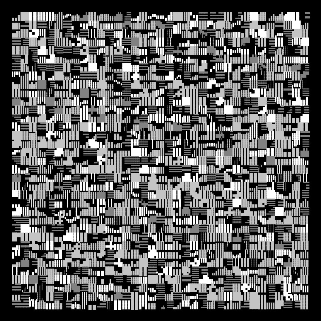 The image features a black and white pattern with numerous lines, shapes, and dots scattered throughout. The pattern appears to be composed of small squares or rectangles, creating an abstract design that evokes a sense of chaos or randomness. The image is accompanied by a caption that reads "Lowres Organizer" in the bottom left corner, which may suggest that this artwork could be part of a larger project or collection. Additionally, there are some words related to the post, such as "Bootloader Art," "generator," and "gene."