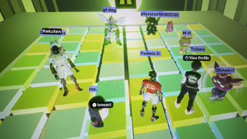 A low-resolution screenshot from a video game showing multiple 3D character avatars standing in a yellow grid room, each with username labels like "Rekulum," "playcray#3850000," and "me".