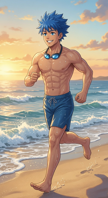 An anime-style illustration of a muscular young man with spiky blue hair and blue swim trunks running barefoot along a beach at sunset, with goggles resting on his neck.
