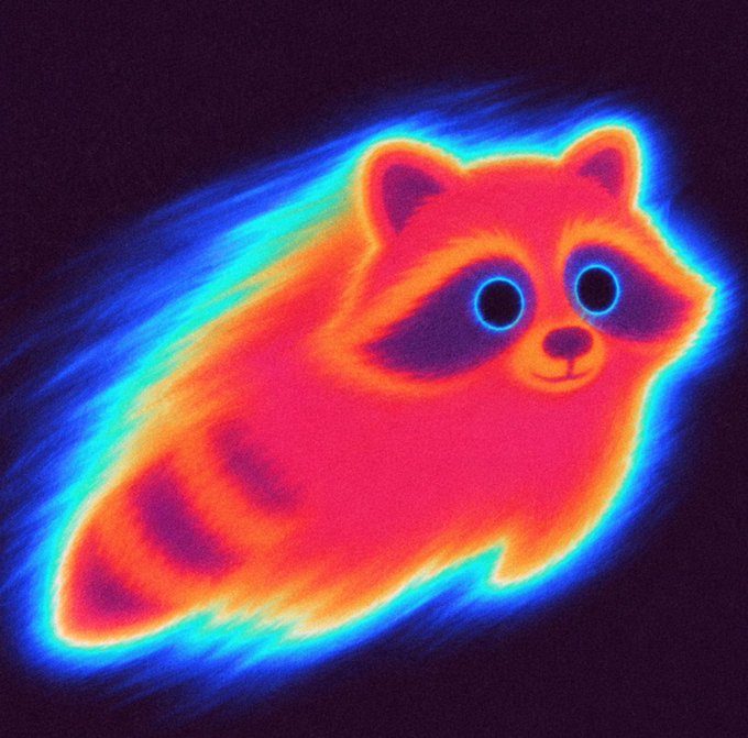 A thermal imaging-style illustration of a flying red panda with a glowing blue and green heat aura against a dark background.