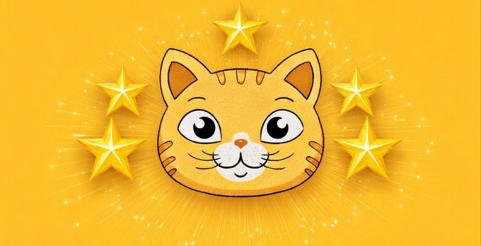 A cute cartoon cat face surrounded by five yellow stars appears on a bright yellow background, creating an emoji-like visual likely meant to represent the "MONA" meme coin brand. The celebratory star imagery complements the launch announcement, symbolizing excitement and reward around the upcoming $MONA airdrop on Solana.