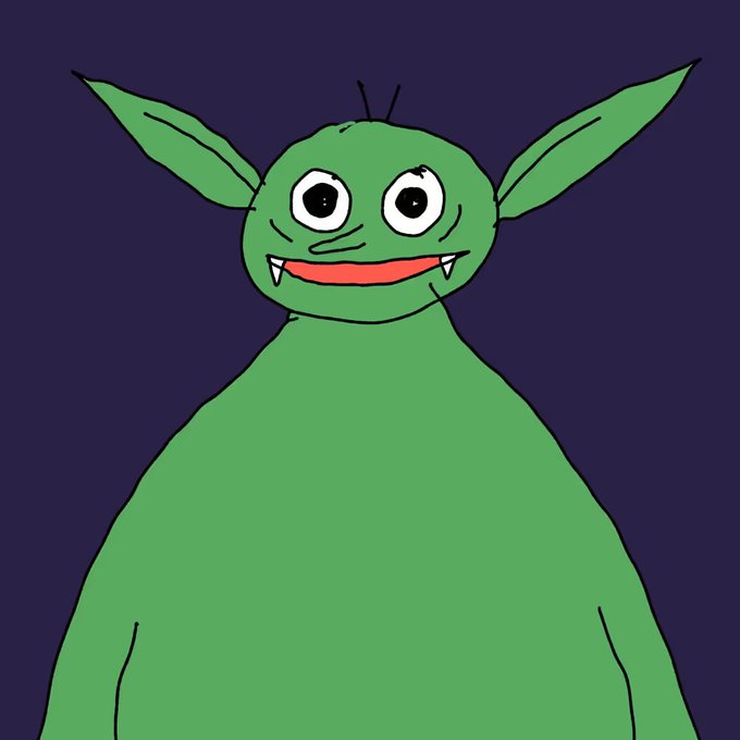 A simple, hand-drawn style illustration of a smiling green goblin-like creature with pointy ears and fangs against a dark blue background.