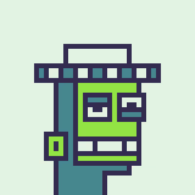 A pixel art illustration of a green ATM or vending machine with a keypad, screen, and cartoonish face on a light mint background.