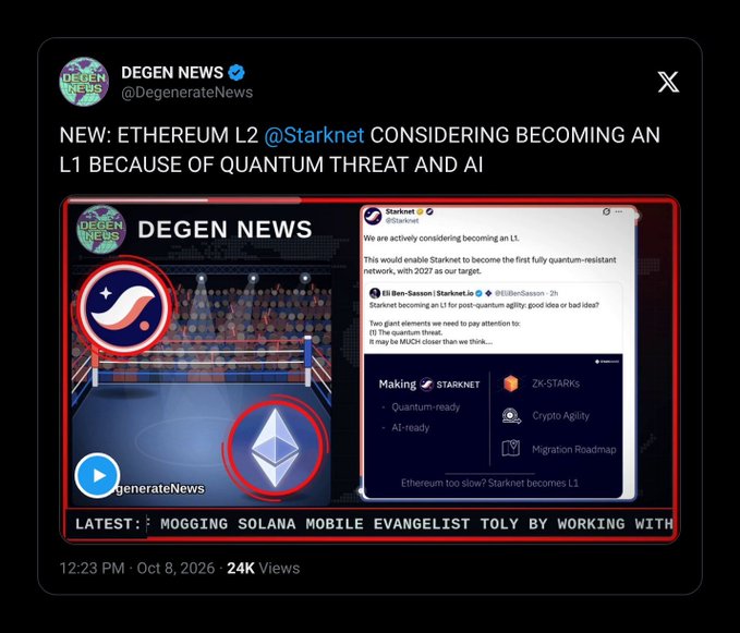 A screenshot of a Degen News tweet reporting that Ethereum L2 Starknet (@Starknet) is "actively considering becoming an L1" to become the "first fully quantum-resistant network," with a reply from @EliBenSasson about post-quantum agility and a tie-break graphic listing Starknet as "Quantum-ready" and "AI-ready." The image supports the accompanying post's claim that Starknet is exploring leaving Ethereum for L1 status, with the poster joking that quantum concerns are just an excuse.