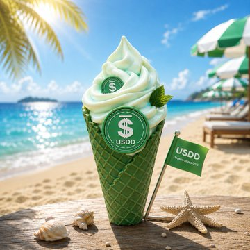A green matcha soft-serve ice cream in a green waffle cone sits on a wooden table at a beach, with a tag reading 'USDD' attached to it.