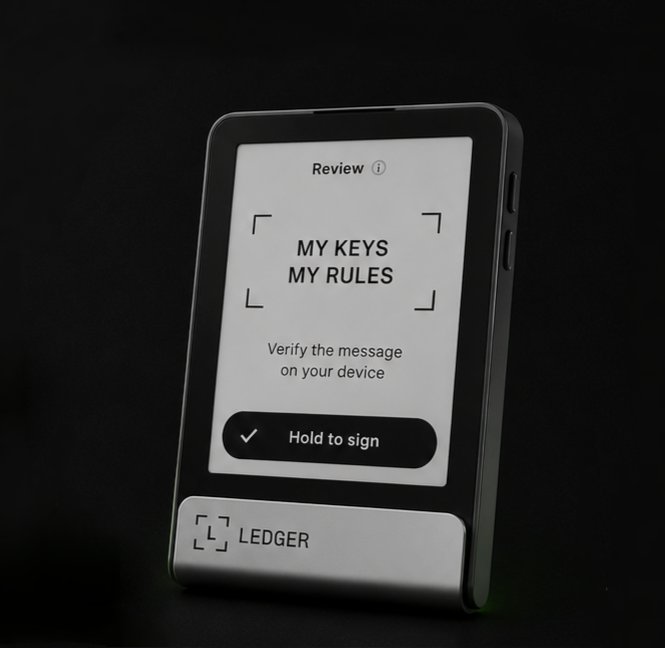 A Ledger hardware wallet shows a 'Review' screen with the message 'MY KEYS MY RULES' and a 'Hold to sign' button.