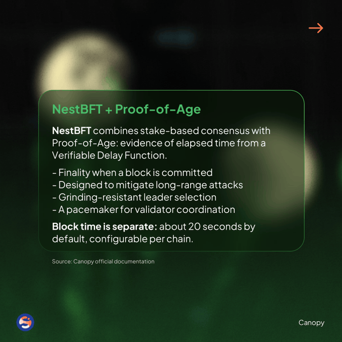 An infographic slide titled 'NestBFT + Proof-of-Age' explaining that NestBFT combines stake-based consensus with Proof-of-Age using Verifiable Delay Functions, featuring attributes like finality, long-range attack mitigation, and grinding-resistant leader selection, with block time about 20 seconds. Source: Canopy official documentation.