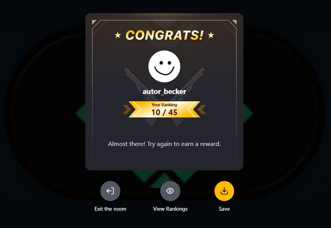 A screenshot of a "CONGRATS!" ranking screen from a poker event, showing user "autor_becker" placed 10th out of 45 participants, with options to exit the room, view rankings, or save. This relates to the post about the author participating in a fun poker game within the Ritualnet crypto Discord community, highlighting how members enjoy casual social activities alongside their more serious crypto-related endeavors.