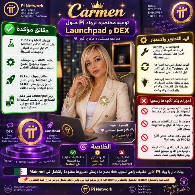 Promotional infographic for 'Pi Network' featuring 'Carmen', a blonde woman, with Arabic text announcing the 'Launchpad and DEX' testnet launch, outlining features, development and warnings.