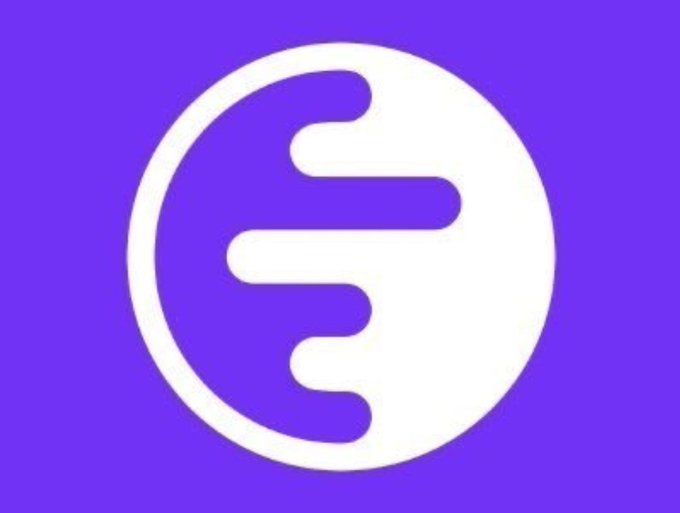 A white circular logo with flowing horizontal shapes resembling stylized waves or fingers on a purple background.
