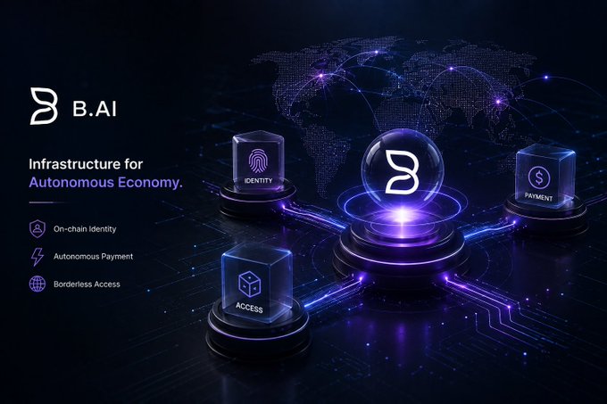 A dark futuristic promotional graphic for 'B.AI' advertising 'Infrastructure for Autonomous Economy' with features including on-chain identity, autonomous payment, and borderless access, displayed around glowing purple cubes.