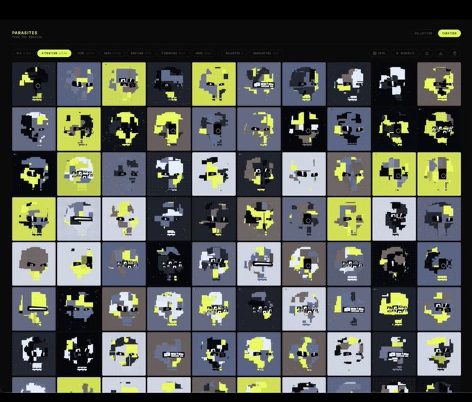 Digital art gallery interface displaying a grid of pixelated skull-like portraits in yellow, black, gray, and white under the heading 'PARASITES'.